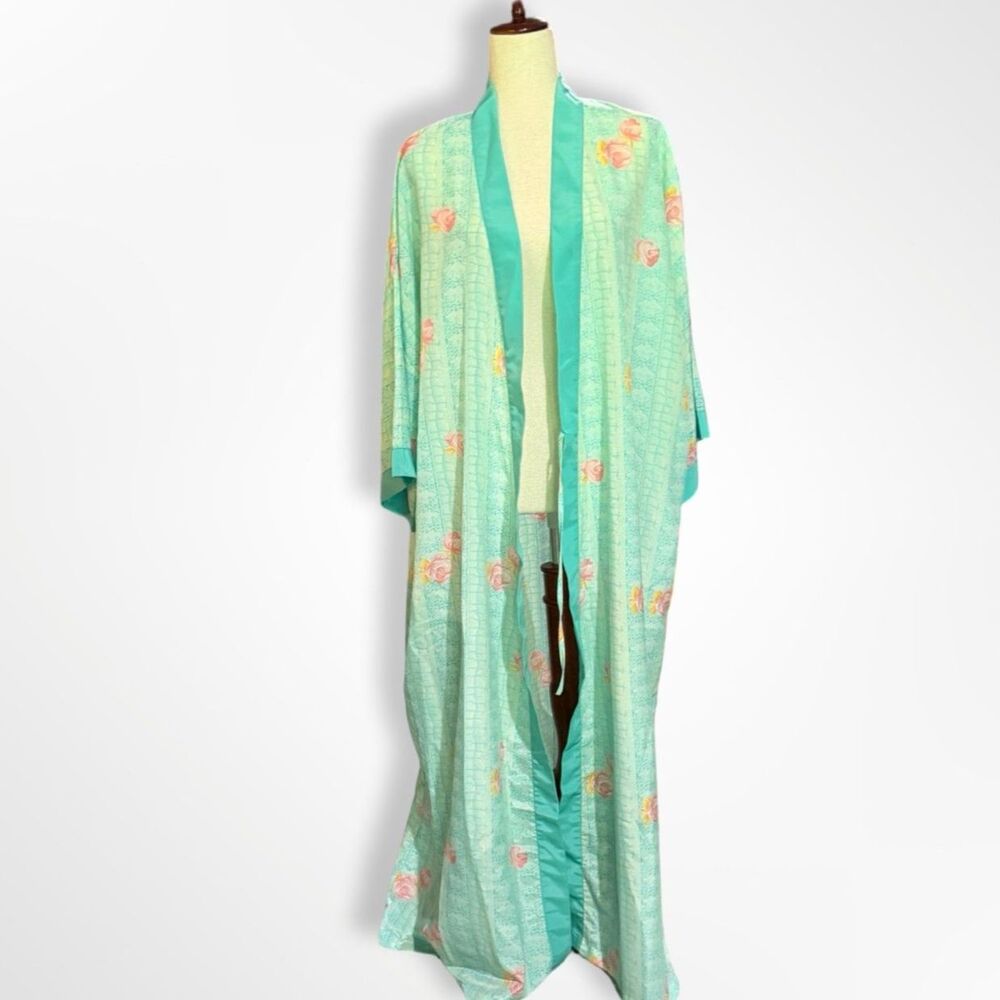 Contessa di Roma Vintage 80s 90s Turquoise Pink Floral Ling Satin Robe, XXL